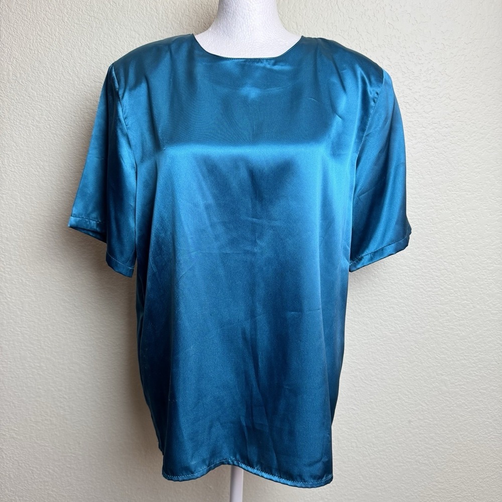 Impressions Women's‎ Top Teal Short Sleeve Size L Shoulder Pads VTG USA Made